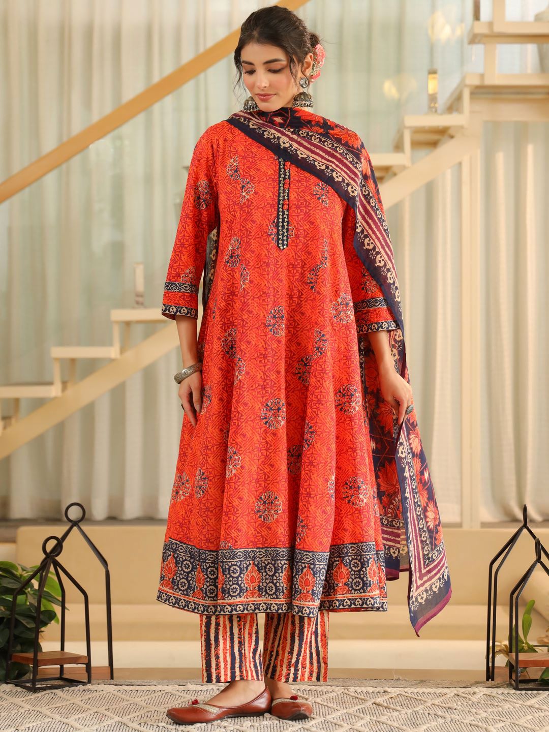 Dhiyona RR Women's Ethnic Motifs Printed Regular Pure Cotton Kurta with Trousers & With Dupatta