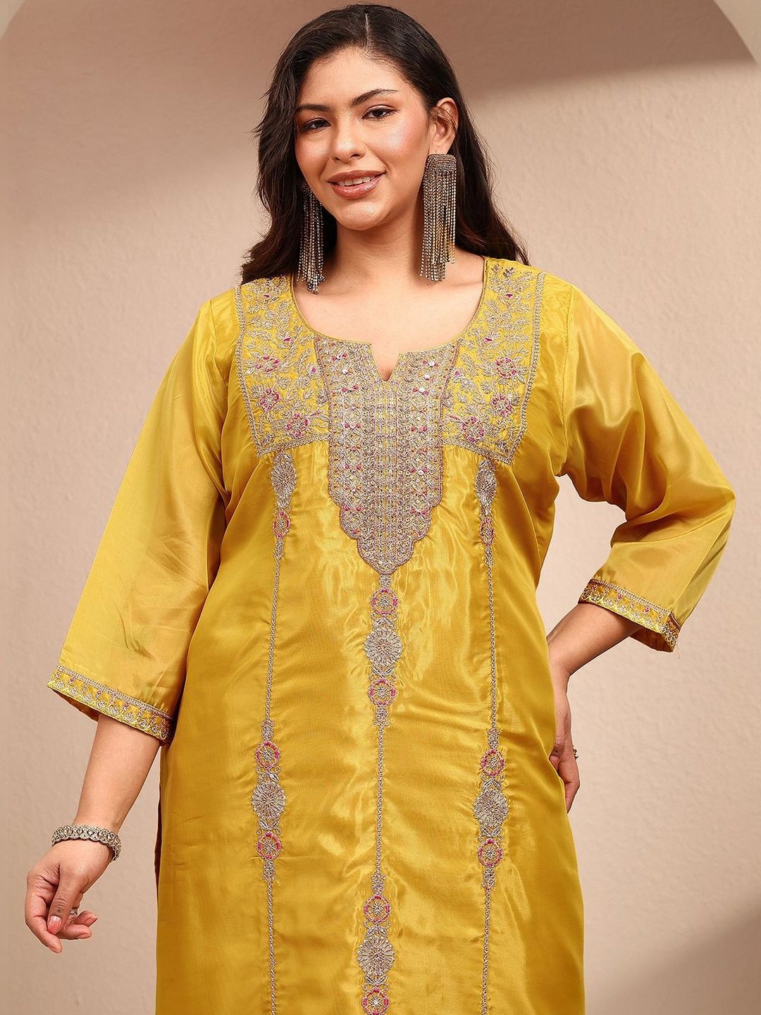 Dhiyona Women's Ethnic Motifs Embroidered Regular Kurta with Palazzos & With Dupatta