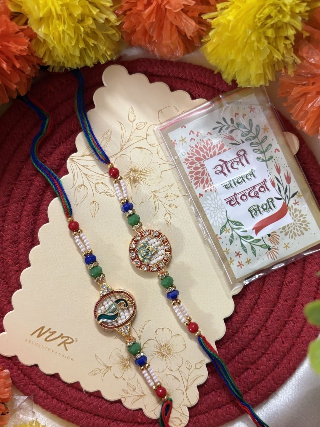 Dhiyona Set Of 2 Multicolor Peacock Design Rakhi With Roli Chawal Chandan Mishri