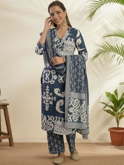 Printed Pure Cotton V-Neck Kurta & Trousers With Dupatta