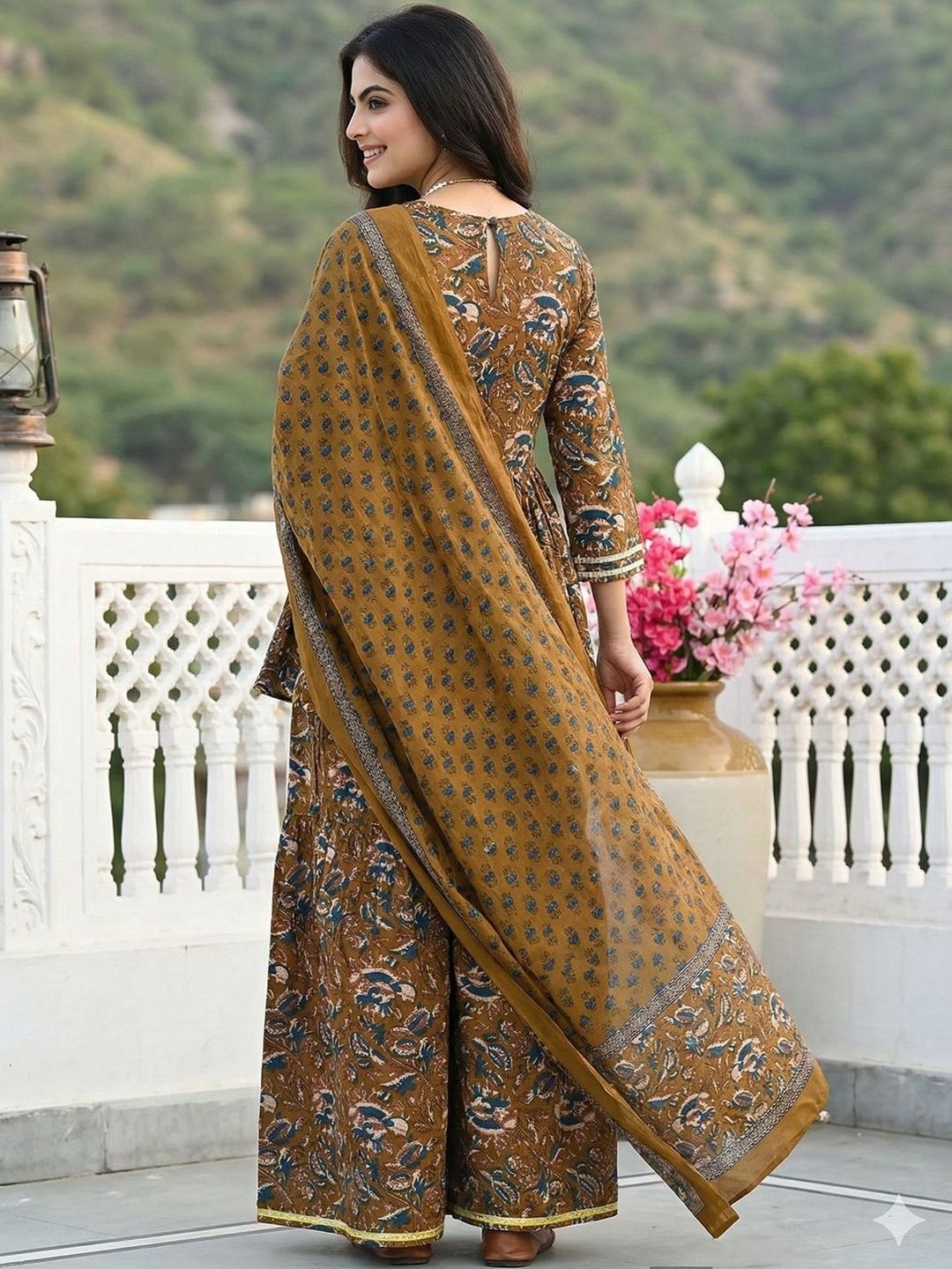 Dhiyona AN Women Floral Printed Angrakha Patchwork Pure Cotton Kurta with Sharara & With Dupatta