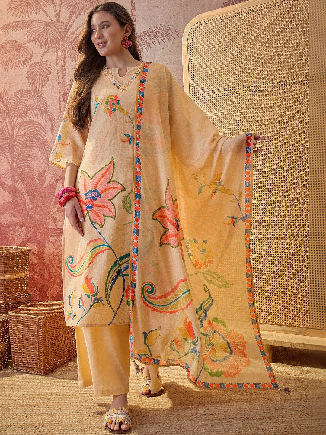 Printed Pure Cotton Keyhole Neck Kurta & Trousers With Dupatta