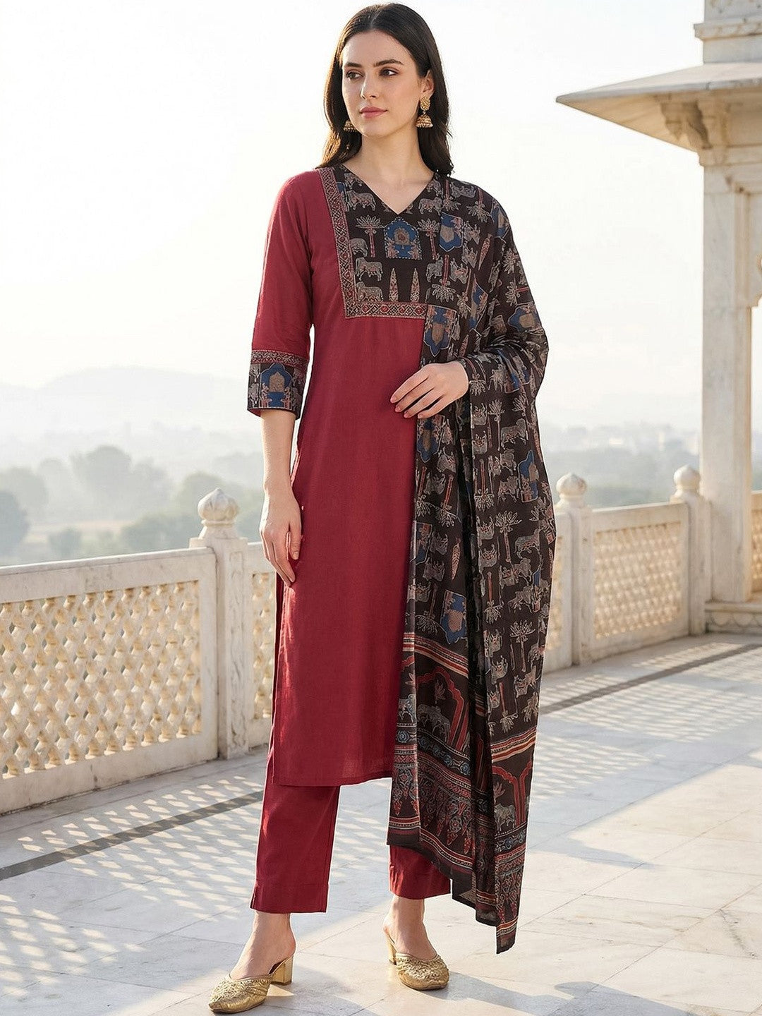 Women Ethnic Motifs Regular Pure Cotton Kurta with Trousers & With Dupatta