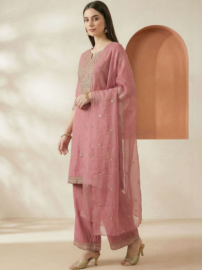 Dhiyona IE Women Ethnic Motifs Embroidered Regular Thread Work Kurta with Palazzos & With Dupatta