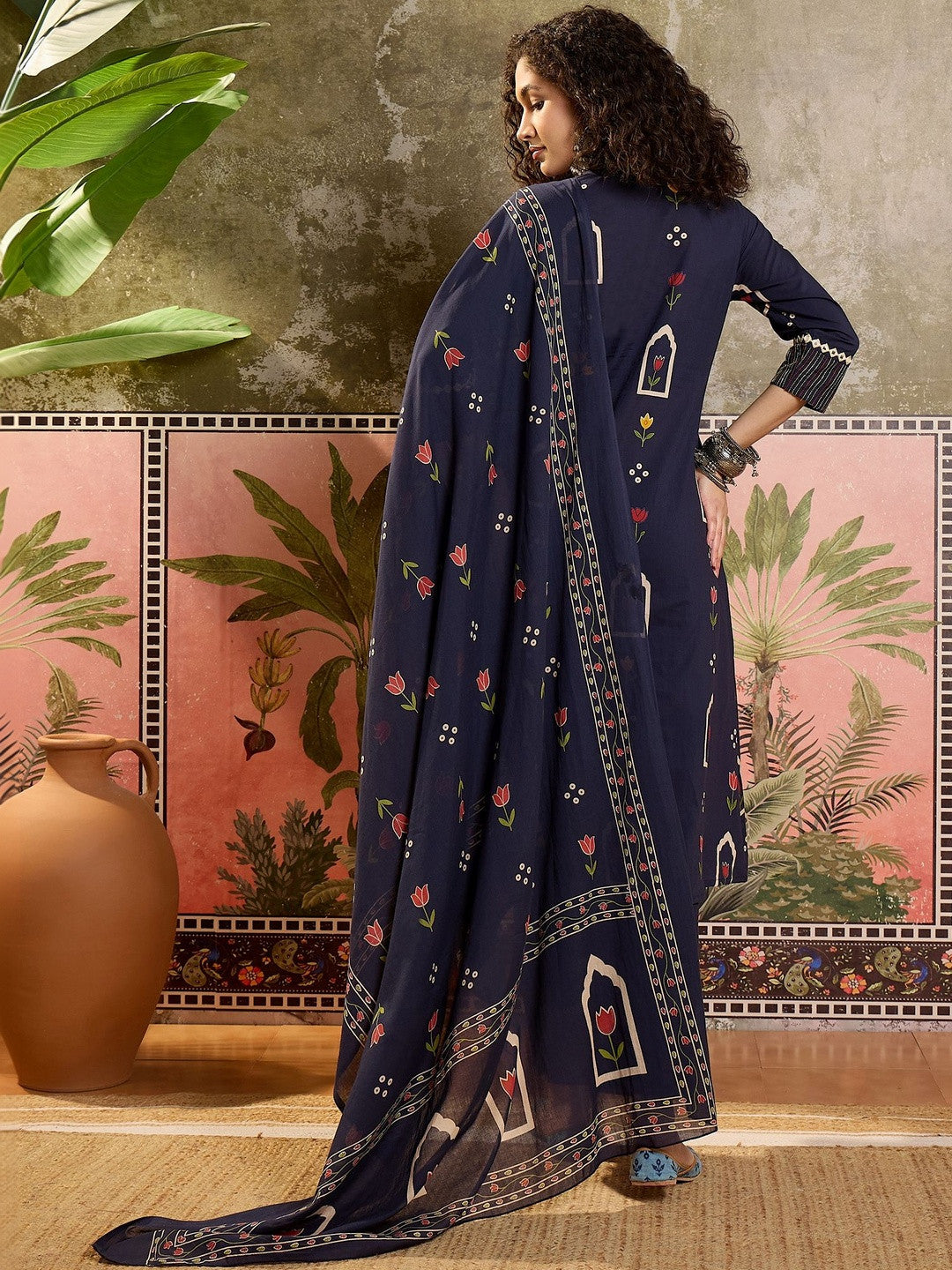 Printed Pure Cotton Round Neck Kurta & Trousers With Dupatta