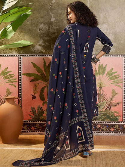 Printed Pure Cotton Round Neck Kurta & Trousers With Dupatta