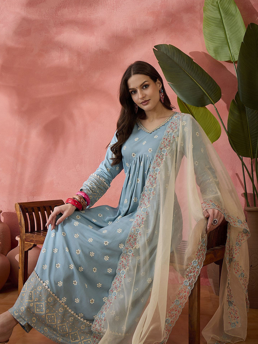 Bandhani Printed V-Neck Thread Work Anarkali Kurta Trousers & Dupatta