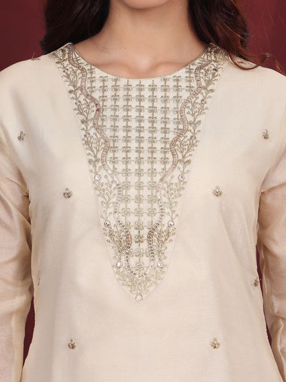 Dhiyona VA Cream-Coloured Floral Embroidered Sequined Kurta With Palazzos & Dupatta