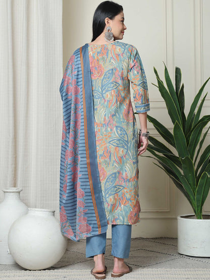 Dhiyona KL Floral Printed V-Neck Straight Kurta With Trousers & Dupatta