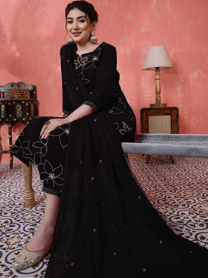 Women Floral Embroidered Regular Thread Work Kurta with Trousers & With Dupatta