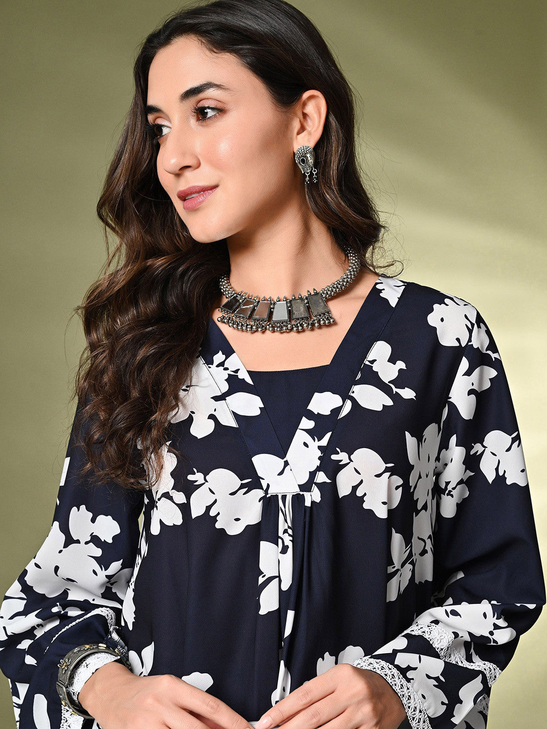 Black Floral Printed A-Line Kurta With Trousers