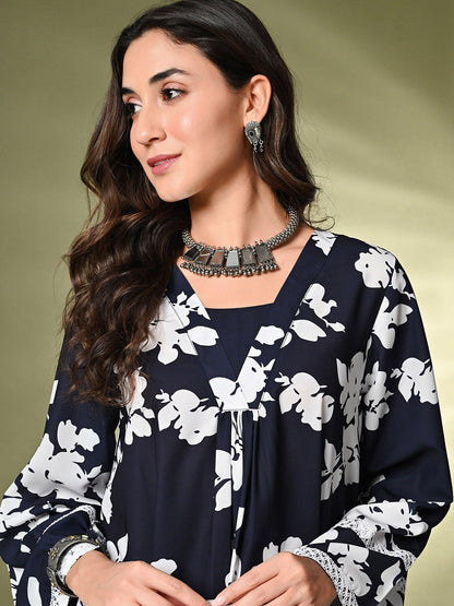 Black Floral Printed A-Line Kurta With Trousers