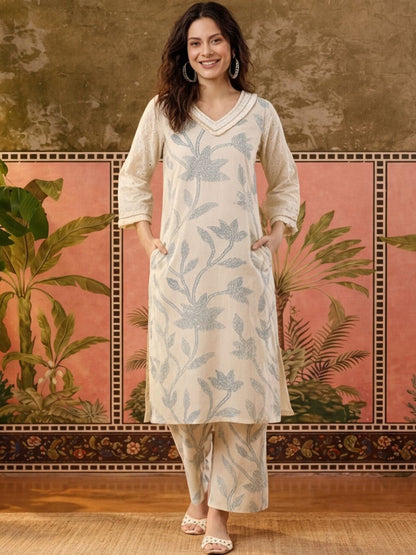Printed Pure Cotton V-Neck Kurta & Palazzos