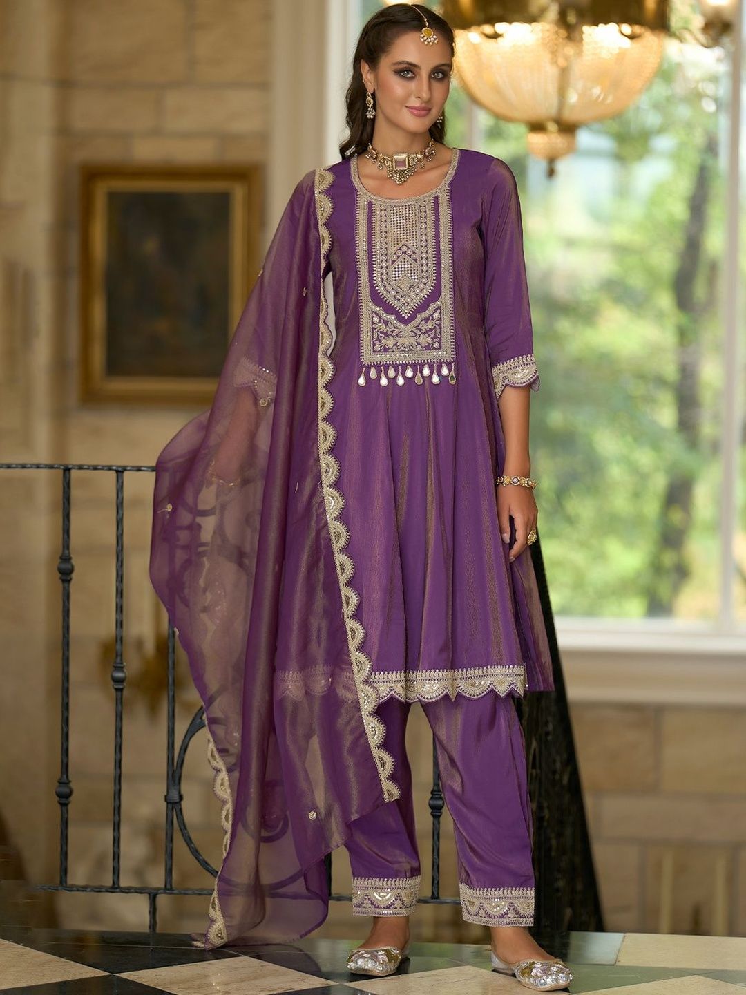 Dhiyona IE Women Ethnic Motifs Embroidered A-Line Kurta with Palazzos & Dupatta