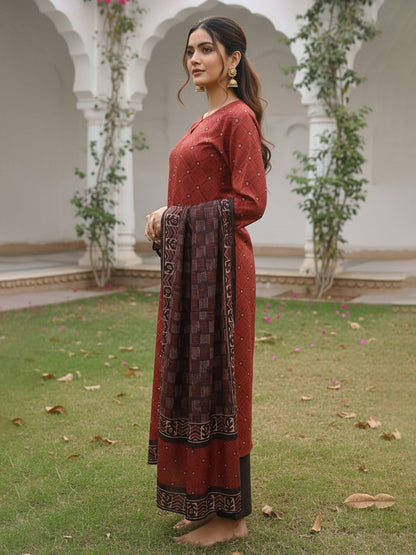Dhiyona KL Geometric Printed Straight Kurta With Trousers & Dupatta