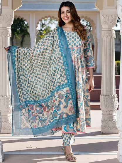 Dhiyona KL Women Floral Printed Regular Pure Cotton Kurta with Trousers & With Dupatta