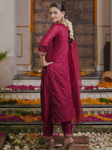 Women's Maroon Embroidered Straight Kurta Trousers With Dupatta set