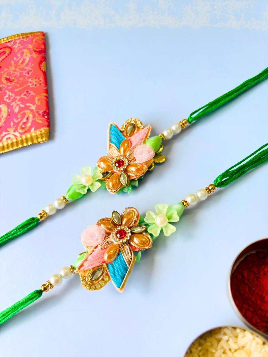 Dhiyona Multi Colored Pack of 2 Floral Traditional Handmade Rakhi Set