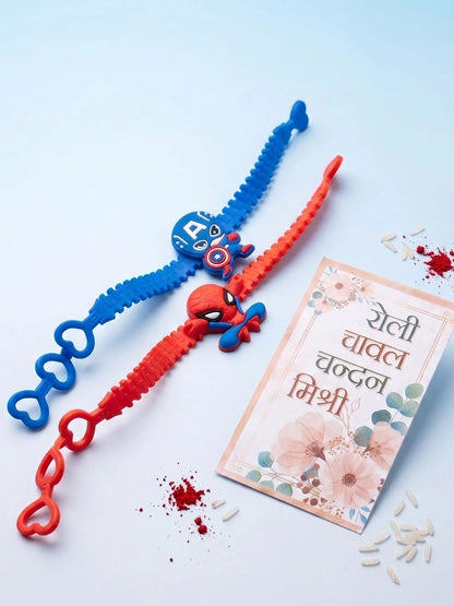 Dhiyona Set Of 2 Superhero Kids Rakhi With Roli Chawal Chandan Mishri