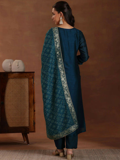 Women's LB Teal Embroidered Silk Blend Straight Suit With Dupatta