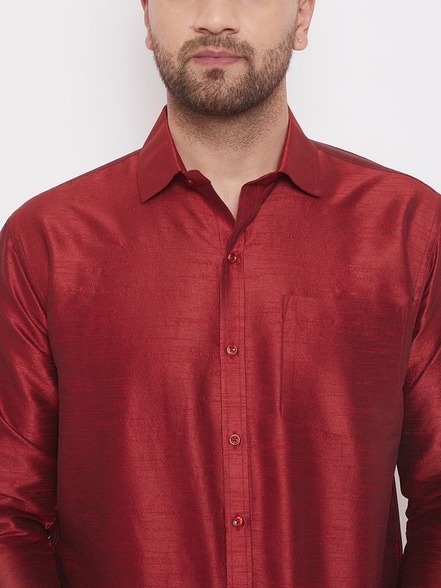 Men's Maroon Silk Blend Straight Ethnic Shirt