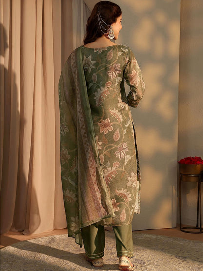Women Floral Printed Regular Thread Work Kurta with Trousers & With Dupatta
