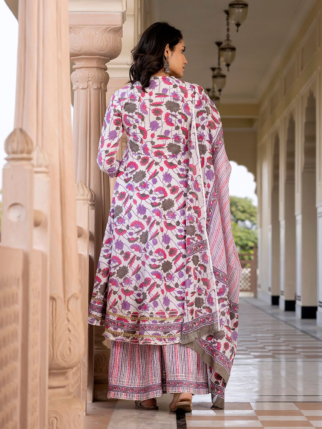 Dhiyona KL Women Floral Printed Angrakha Pure Cotton Kurta with Palazzos & With Dupatta