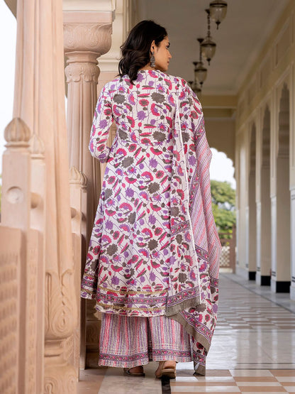 Dhiyona KL Women Floral Printed Angrakha Pure Cotton Kurta with Palazzos & With Dupatta