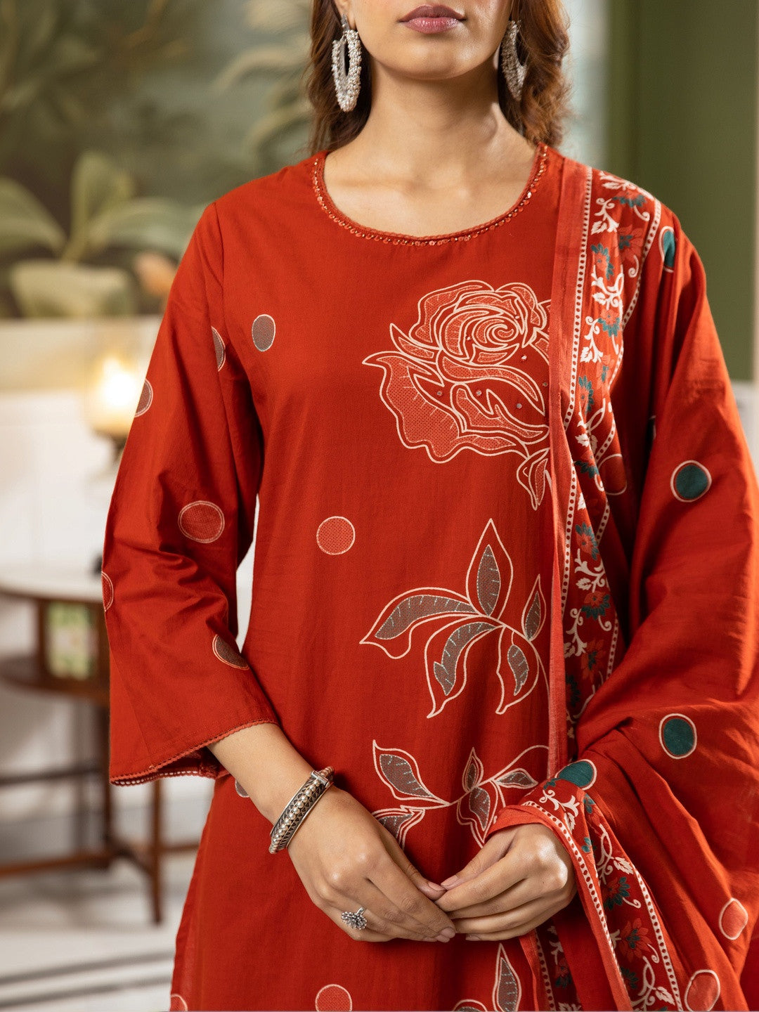 Printed Pure Cotton Straight Kurta With Palazzo & Dupatta