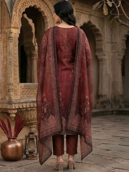 Maroon Floral Printed Sequinned Chanderi Silk Kurta With Trousers & Dupatta