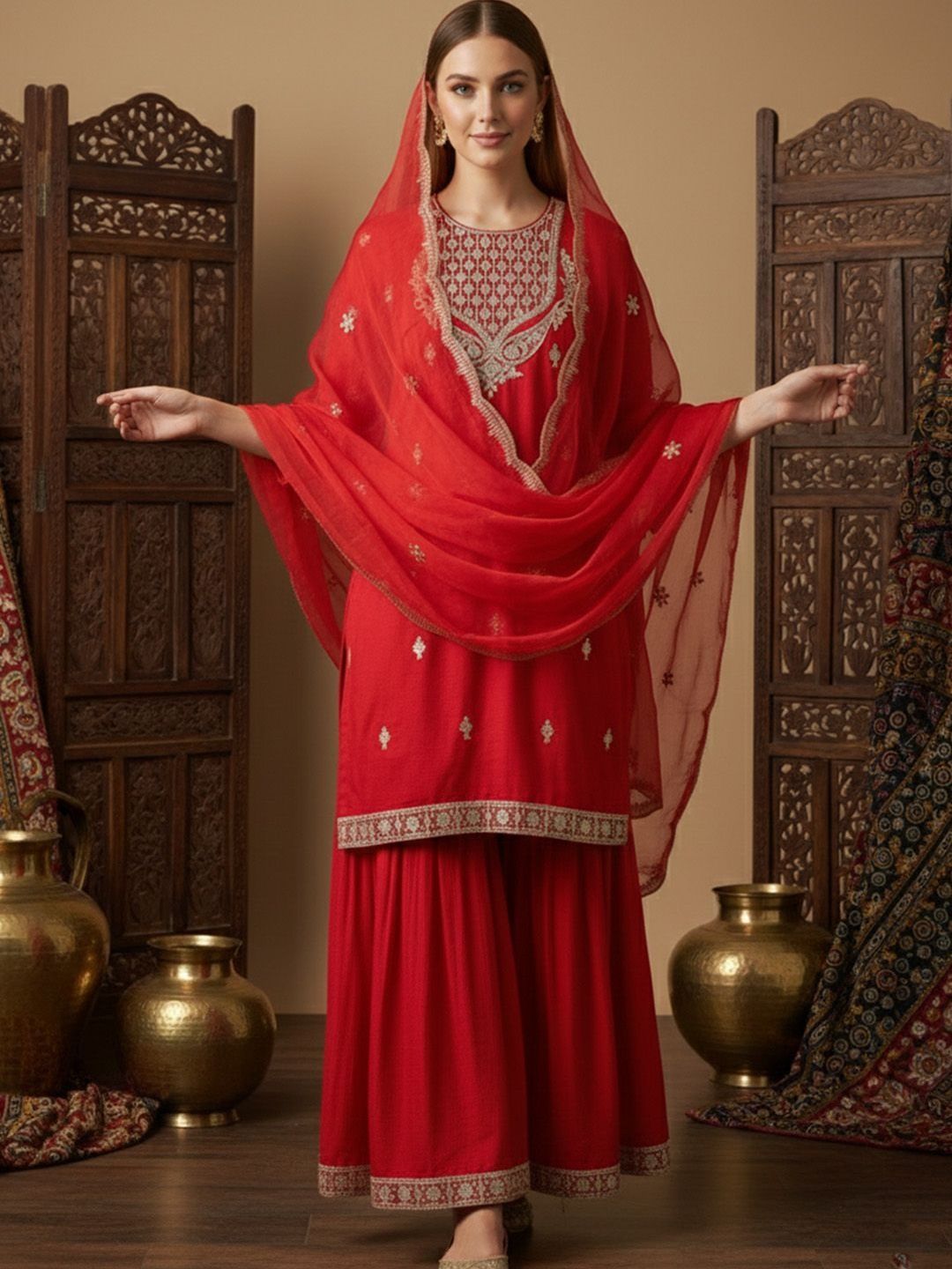 Dhiyona SN Embroidered Round Neck StraightKurta & Sharara With Dupatta