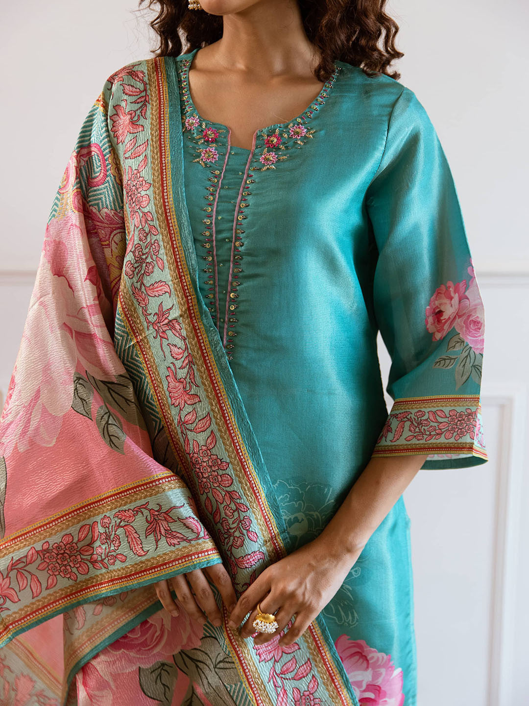 Floral Embroidered Notch Neck Tissue Silk Straight Kurta With Trousers & Dupatta