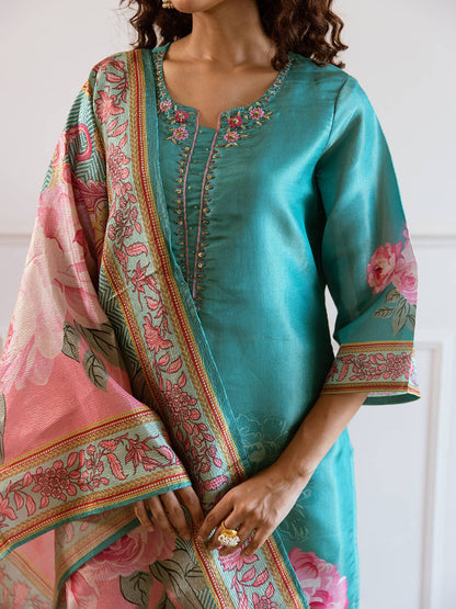 Floral Embroidered Notch Neck Tissue Silk Straight Kurta With Trousers & Dupatta