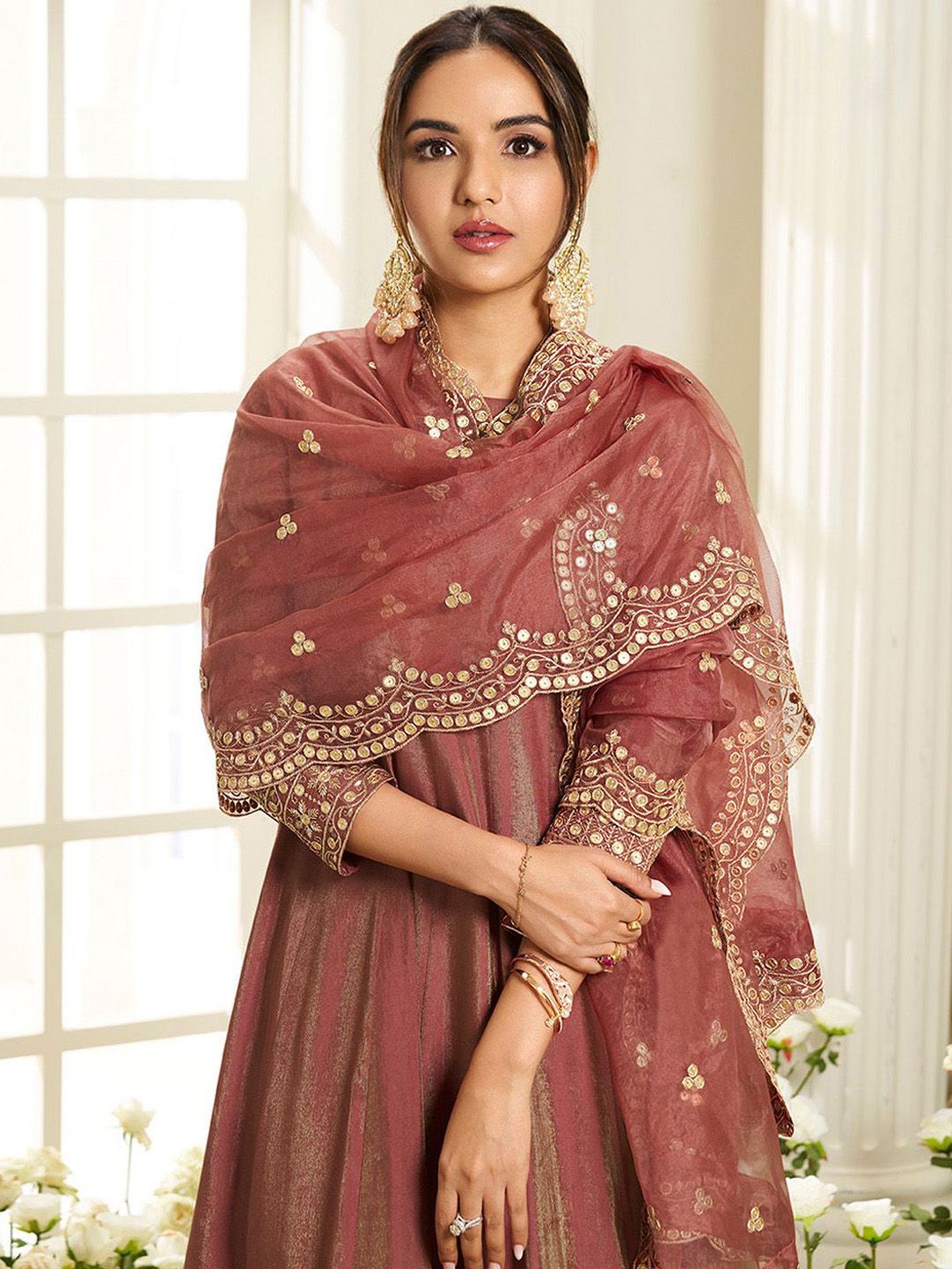 Dhiyona IN Floral Yoke Design Sequinned Anarkali Kurta With Palazzos & Dupatta