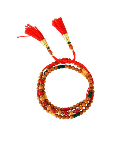 Dhiyona Red Stone Studded & Beaded Thread Rakhi With Roli Chawal With Greeting Card