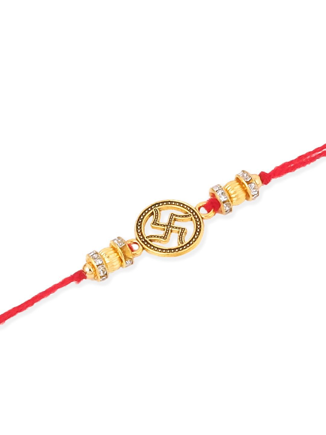 Dhiyona Set Of 4 Artificial Stones Studded & Beaded Swastik Thread Rakhis