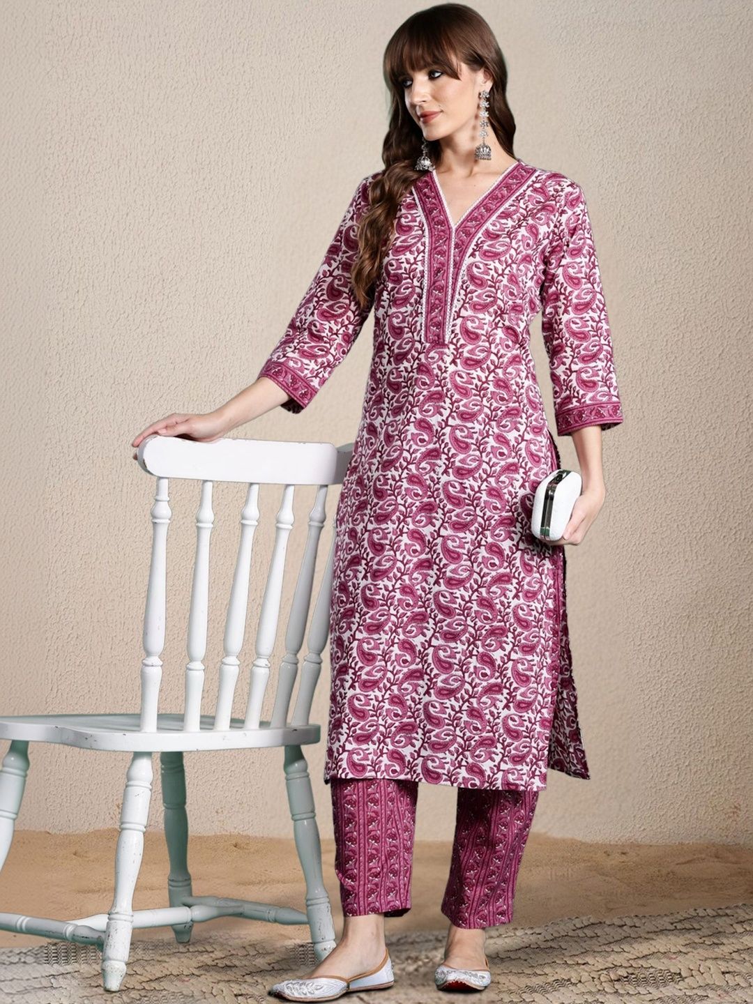 Dhiyona IE Women Ethnic Motifs Printed Regular Thread Work Pure Cotton Kurta with Trousers