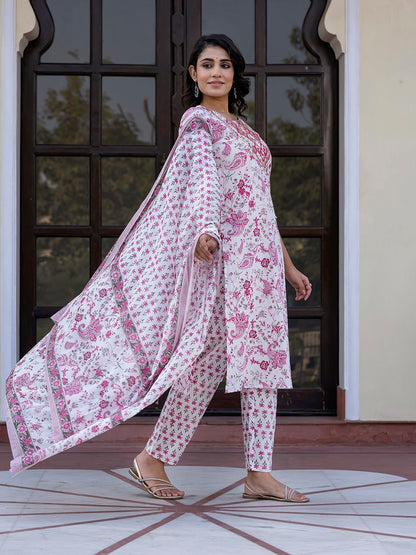 Dhiyona KL Women Paisley Regular Pure Cotton Kurta with Trousers & With Dupatta