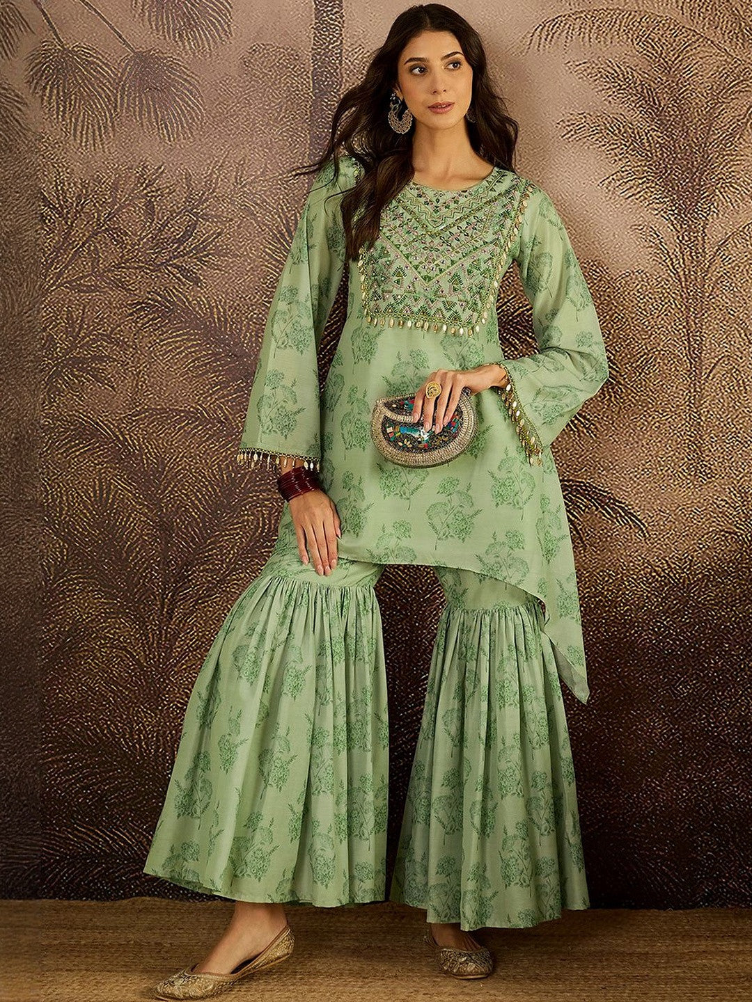 Women Floral Embroidered Regular Beads and Stones Kurta with Sharara Kurta Sets