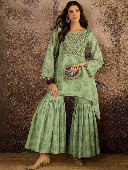 Women Floral Embroidered Regular Beads and Stones Kurta with Sharara Kurta Sets