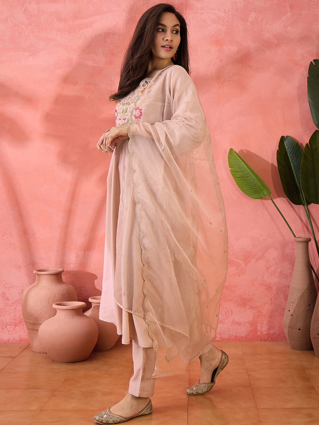 Beige Floral Yoke Design Notch Neck A-Line Kurta With Trousers And Dupatta
