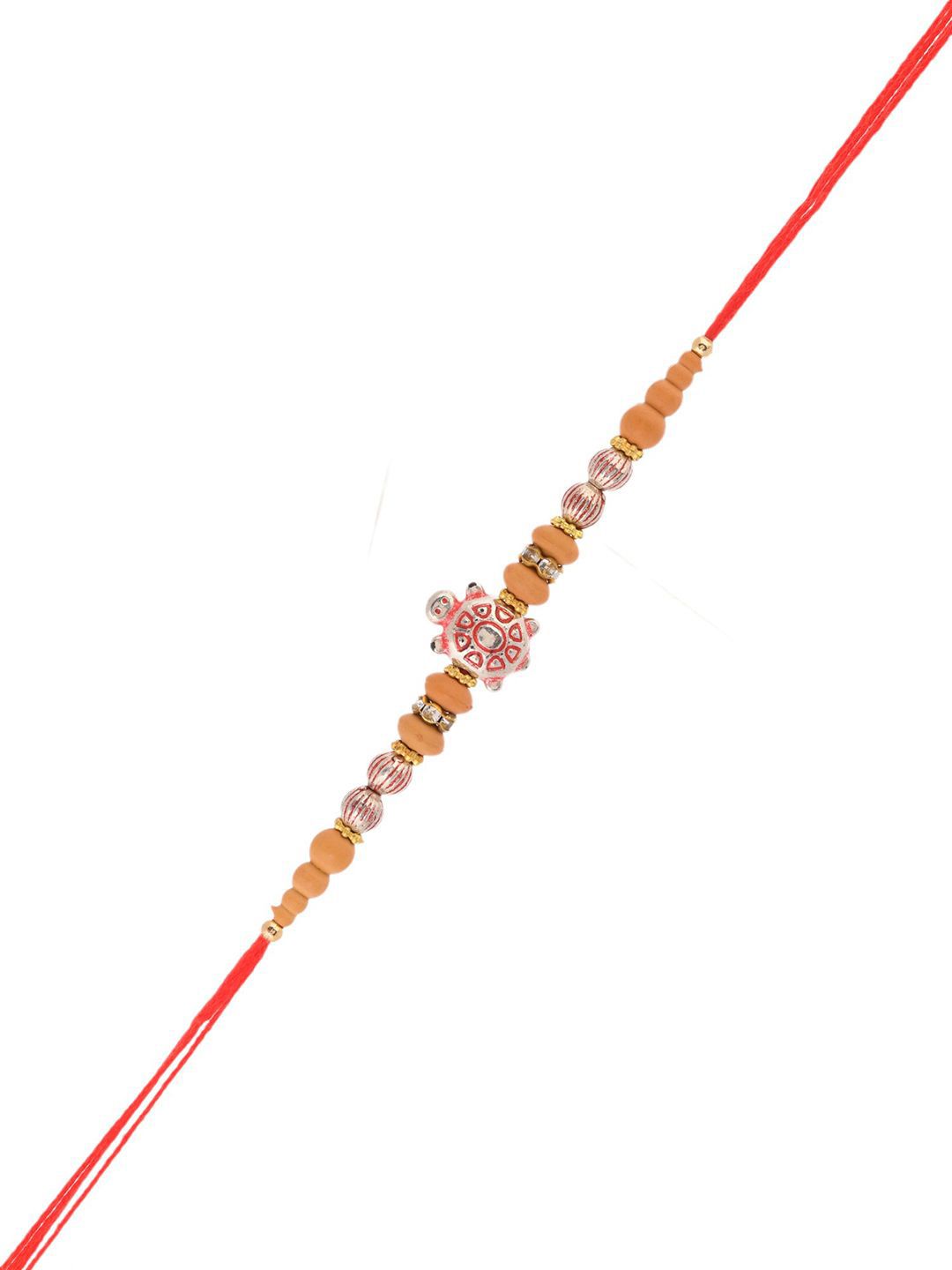 Dhiyona Red Stone Studded & Beaded Tortoise Charm Thread Rakhi With Roli Chawal