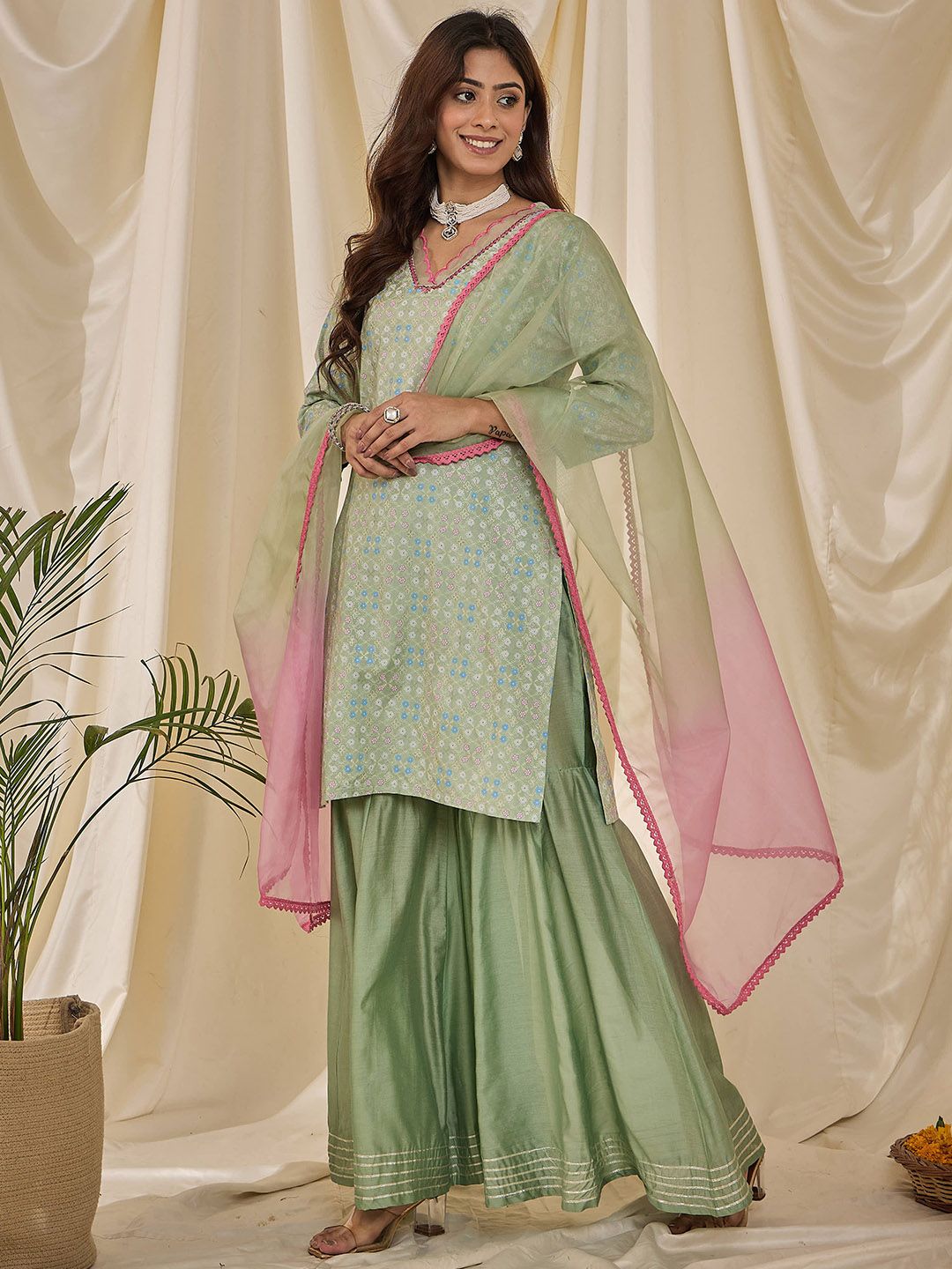 Dhiyona HOP Floral Printed V-Neck Straight Kurta & Sharara With Dupatta