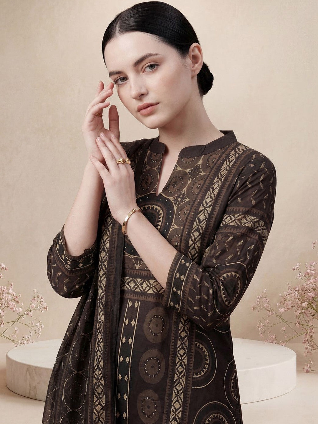 Women Ethnic Motifs Printed Regular Mirror Work Pure Cotton Kurta with Trousers & With Dupatta