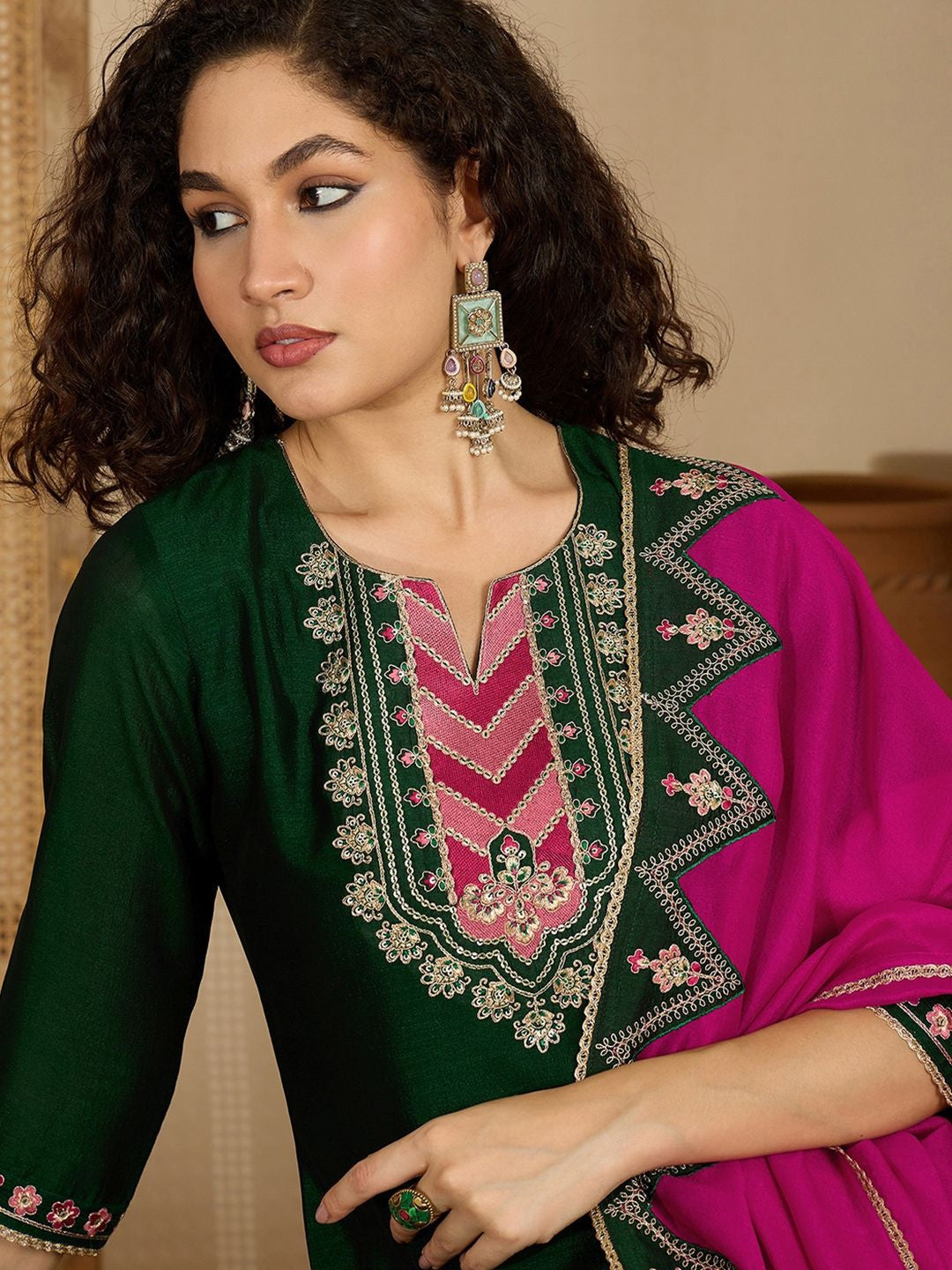 Embroidered Sequence Kurta & Trousers with Dupatta Set
