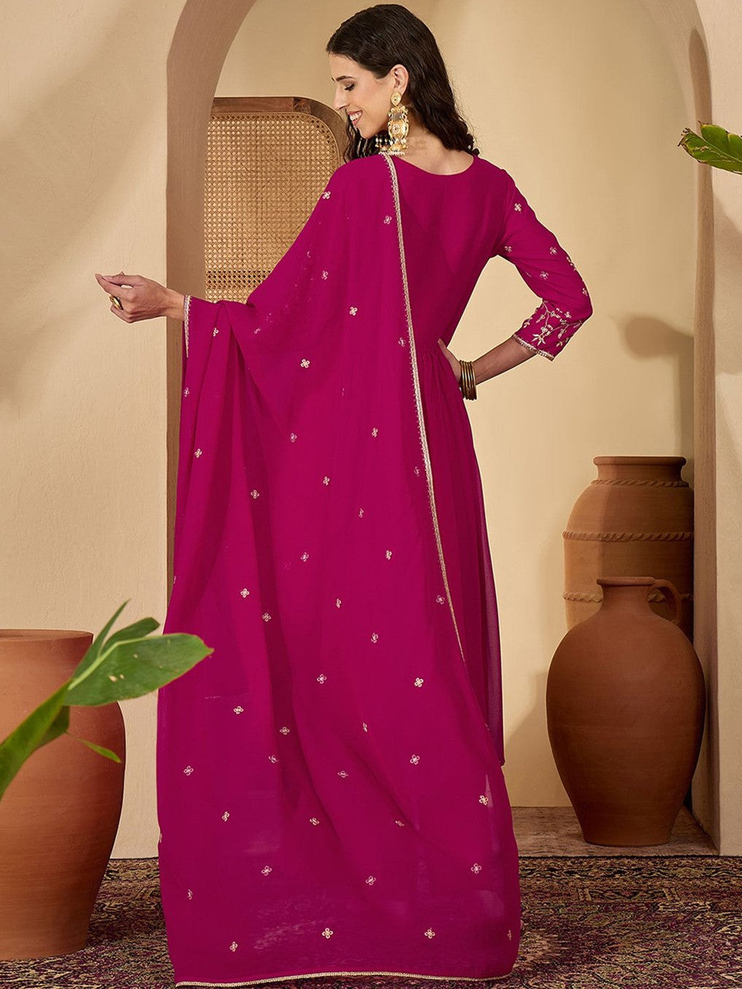 Women Ethnic Motifs Embroidered Empire Thread Work Kurta with Palazzos & With Dupatta
