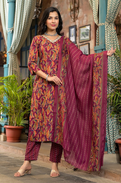 Women Red Embroidery Viscose Rayon Kurta, Pant And Dupatta Set