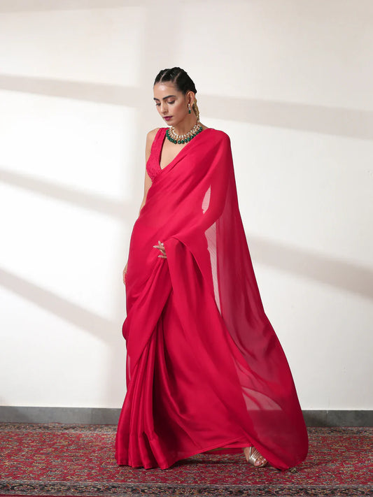 Dhiyona ST Ruby Butter Chiffon Pre-draped Saree with Self Blouse Fabric