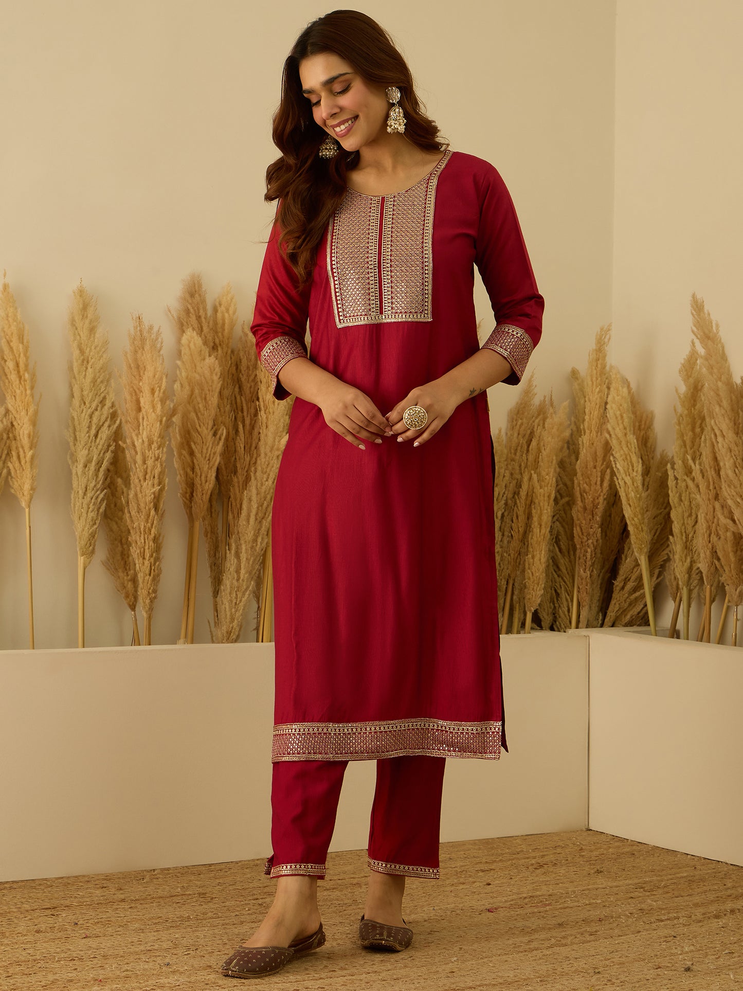 Dhiyona VV VredeVogel Red Viscose Rayon Embroidered with Sequins Straight Kurta Set with Trousers & Dupatta