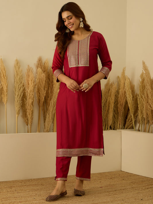 Dhiyona VV VredeVogel Red Viscose Rayon Embroidered with Sequins Straight Kurta Set with Trousers & Dupatta